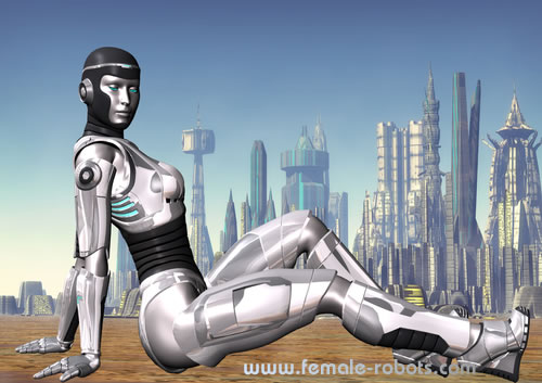 Sexy android woman posing with sky line