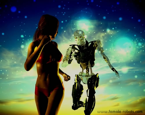 male robot chasing woman